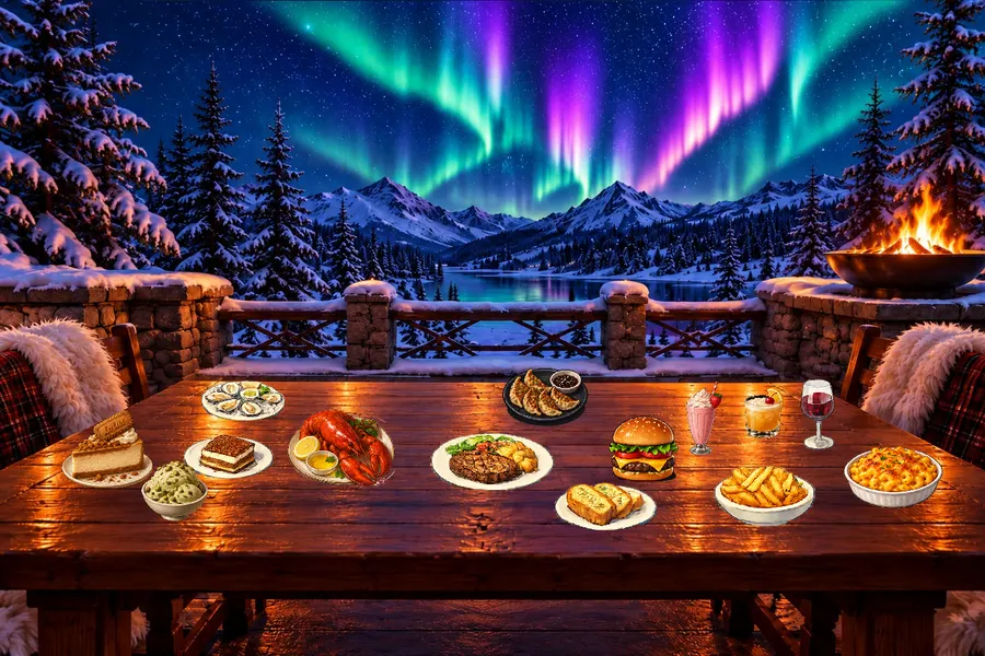 A last meal served on a snowy lodge terrace under the northern lights: steak, lobster, a burger, fries, desserts and drinks.
