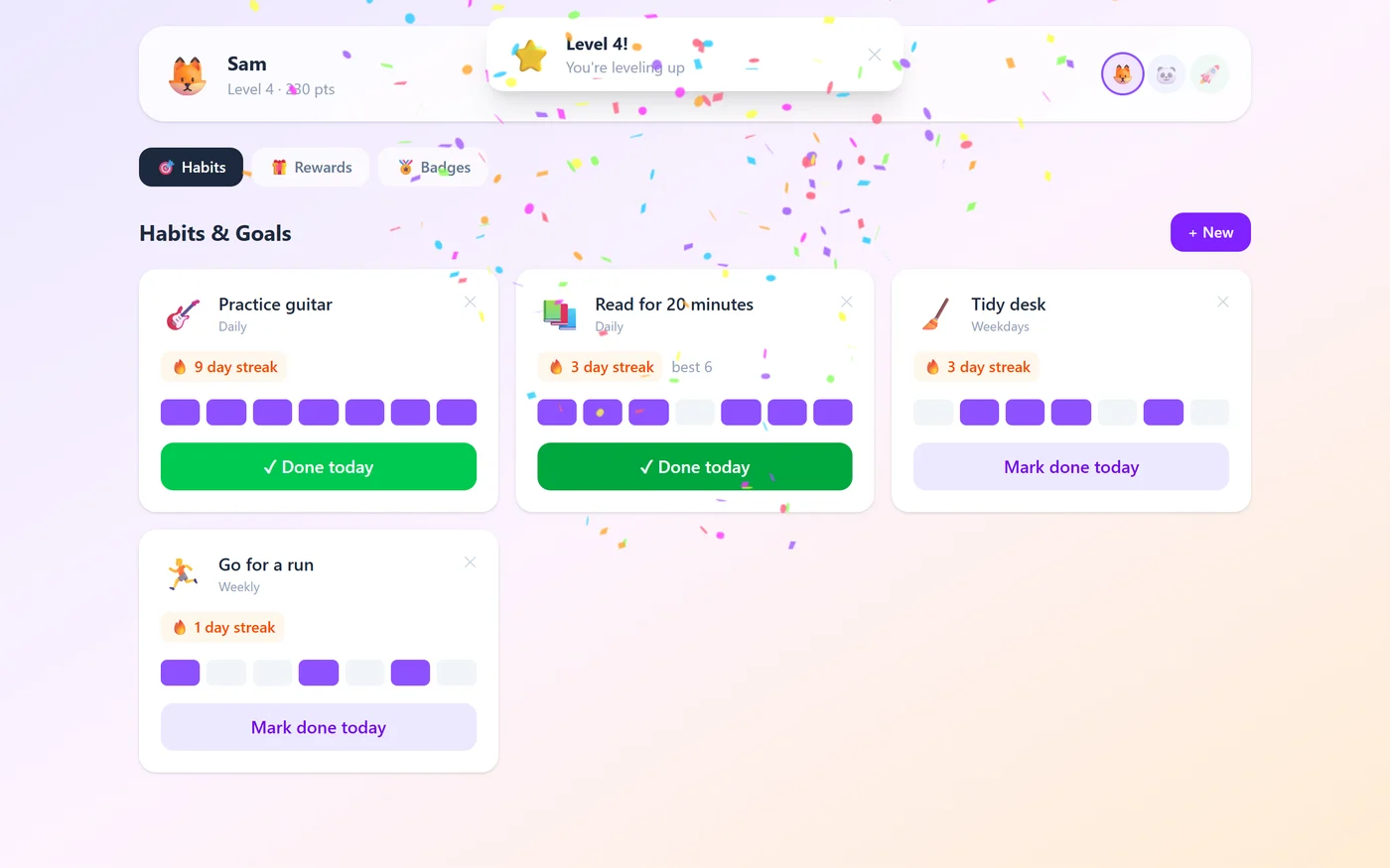 Motivation Quest in a browser: habit cards with streaks and a 'Level 4!' celebration with confetti.