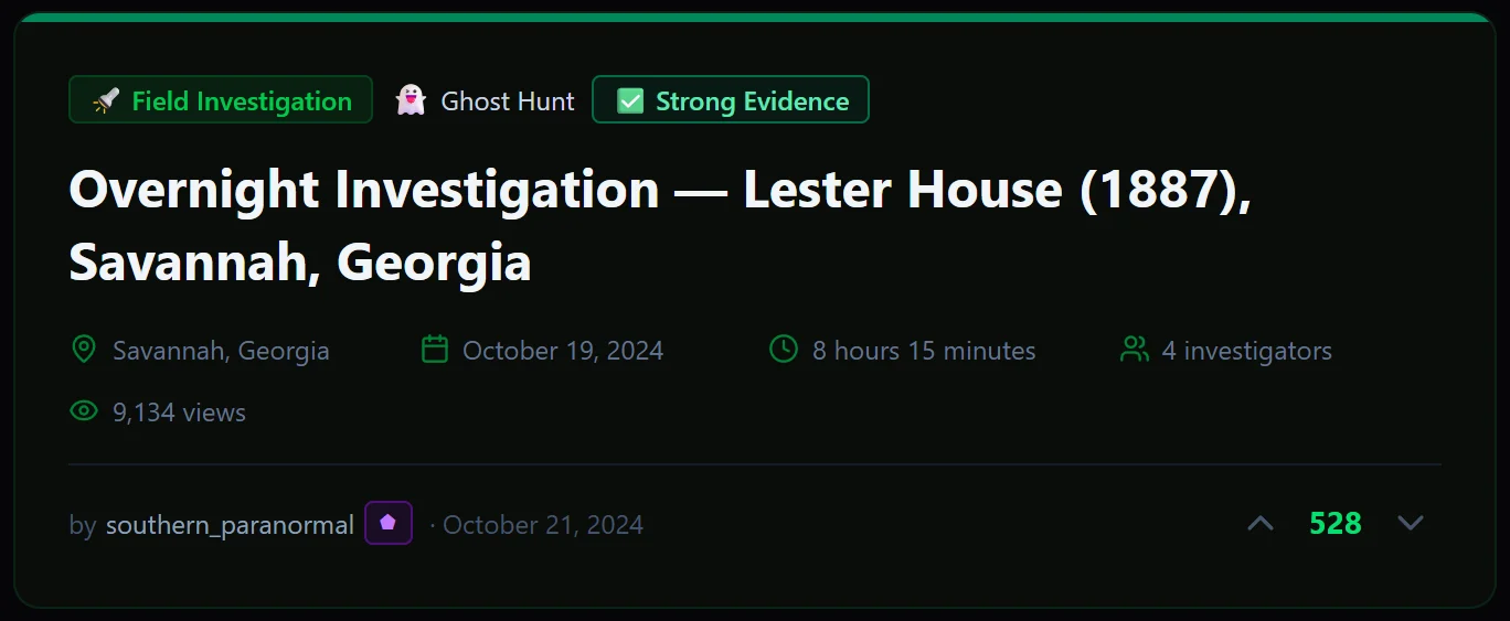 Report header: tagged Field Investigation, Ghost Hunt and Strong Evidence. Lester House, Savannah, Georgia. Eight hours fifteen minutes, four investigators, score 528, by a user with an Investigator badge.