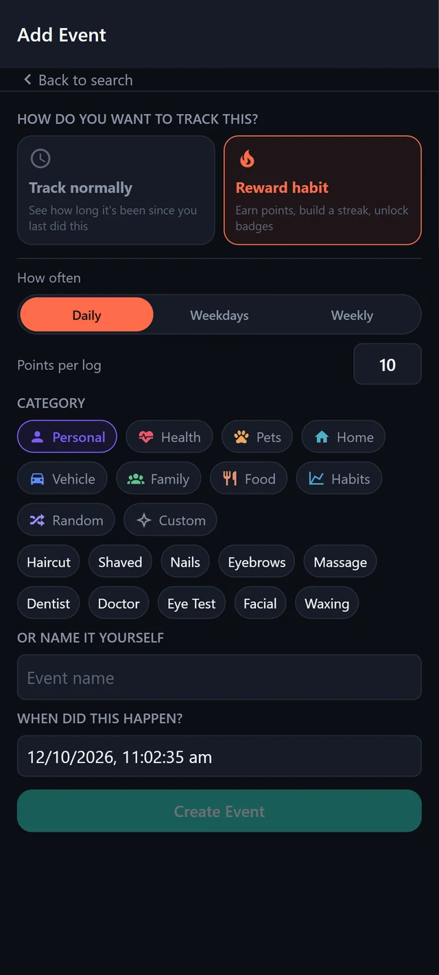TimeSince's Add Event screen, now asking 'How do you want to track this?' with two choices: Track normally, or Reward habit.